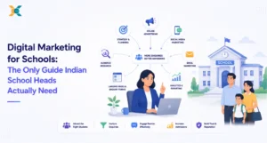 Indian school principal reviewing a digital marketing strategy calendar for school admissions with a laptop and planning notes on desk